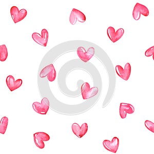 Hand drawn doodle watercolor hearts seamless repeat vector pattern, aquarelle Valentine' s day background